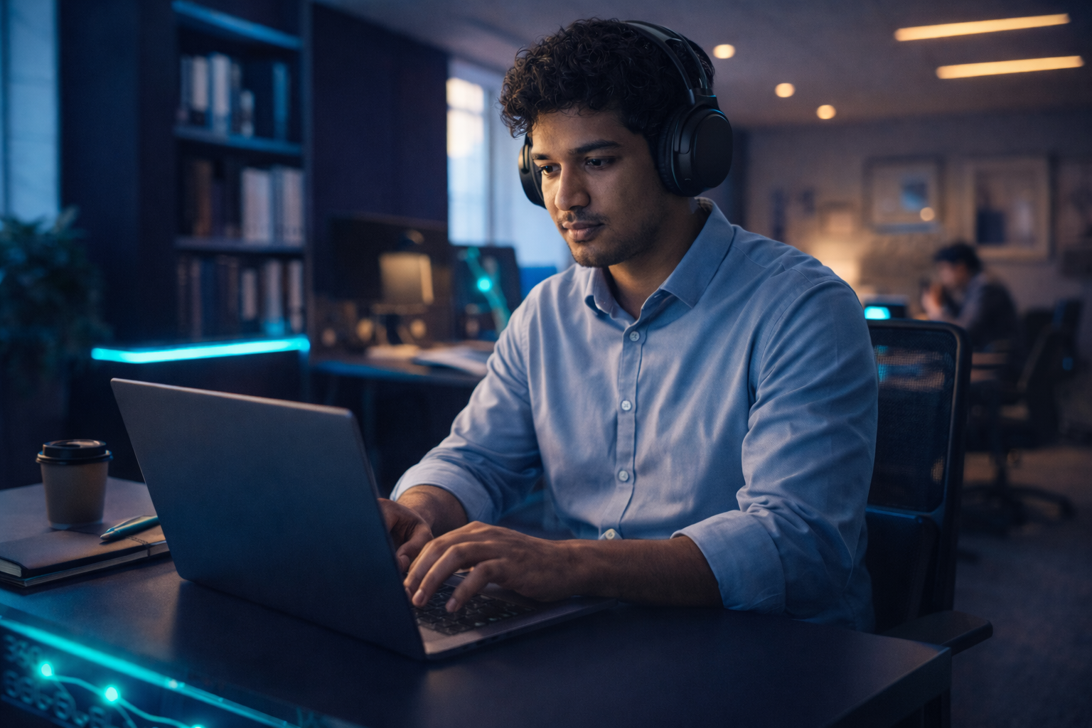 An autistic person is working in an office, deeply focused