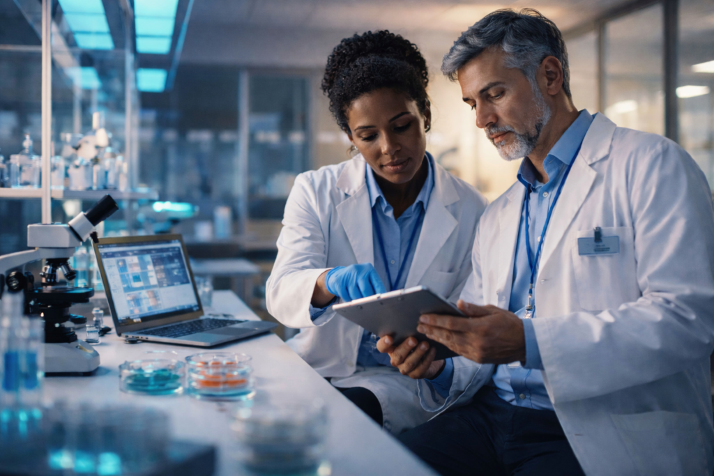 Two biomedical researchers are studying the effect of small molecules on cell cultures.