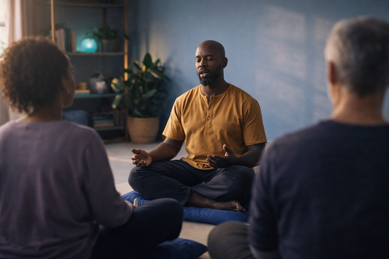 A meditation teacher is teaching a community group mediation and breathing techniques