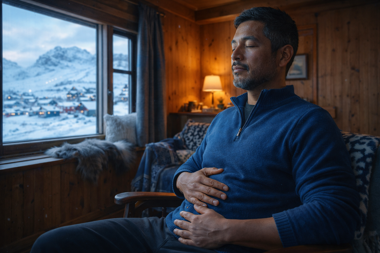 person with anxiety or PTSD doing a calming breathing exercise at home