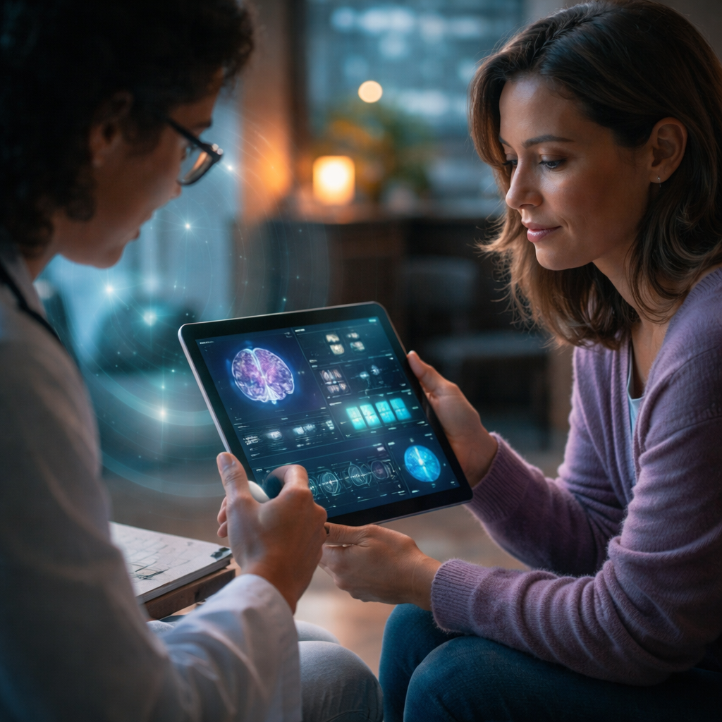 Two people using a tablet for tracking brain function and brain activity