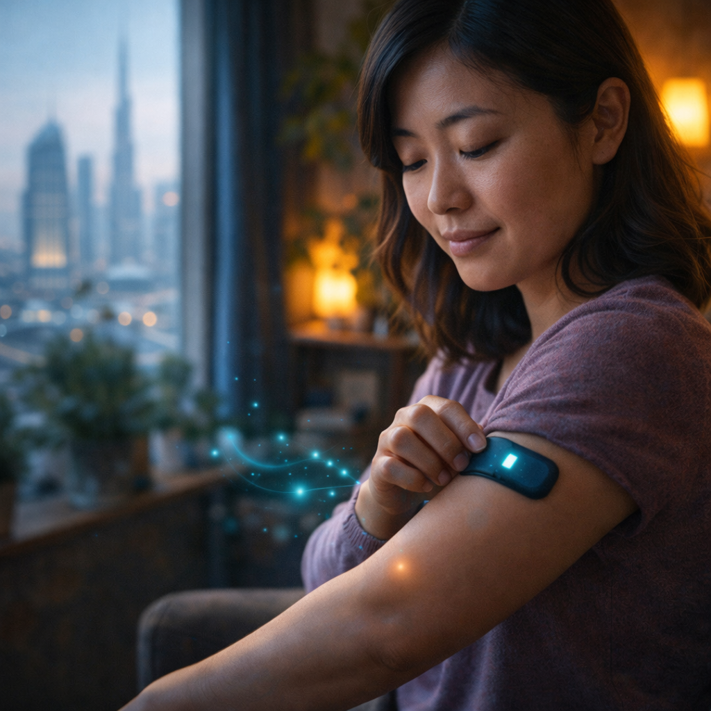 person using a medical device which tracks their cortisol and stress levels