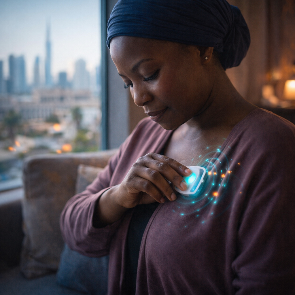 person with anxiety using a medical device to track heart rate