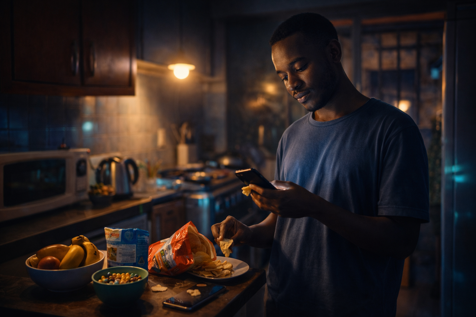 person binge-eating at night