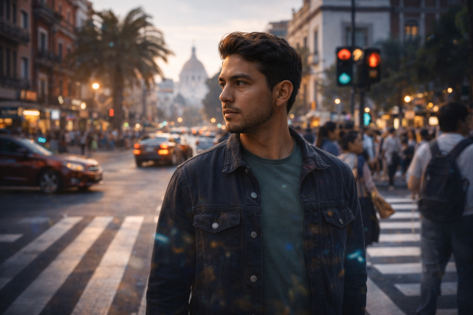 stressed person standing in a busy street junction